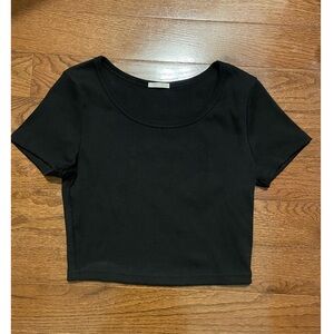 Brand New From Japan! Black Ribbed Semi Crop Top Short Sleeve Shirt Medium